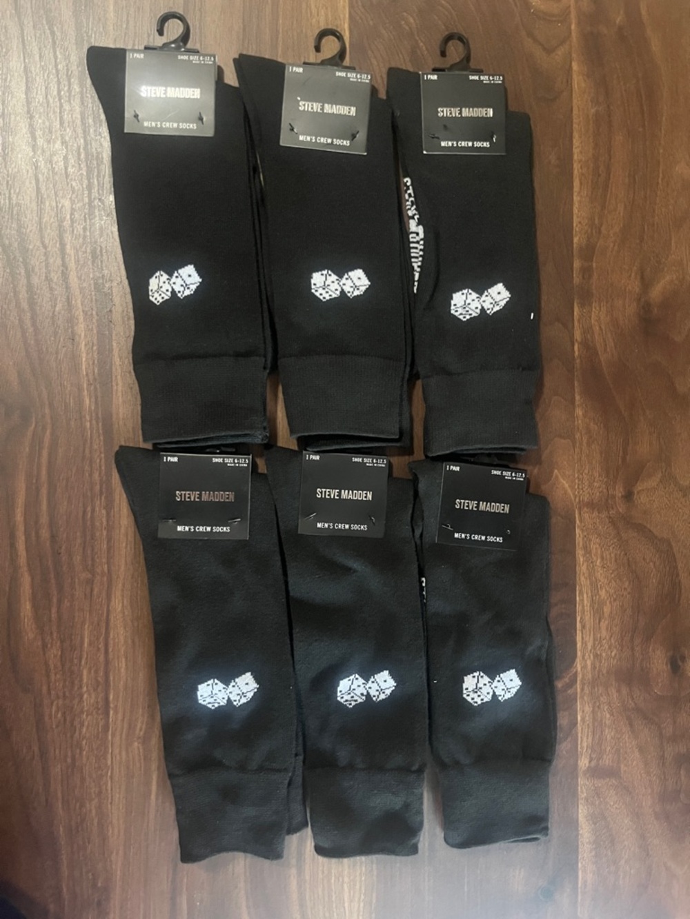 Steve Madden Black Crew Socks with White Dice Logo - 6 Pack